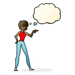 cartoon woman pointing with thought bubble