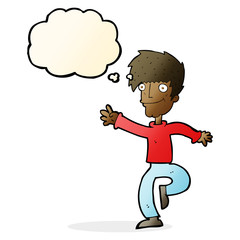 cartoon happy man dancing with thought bubble