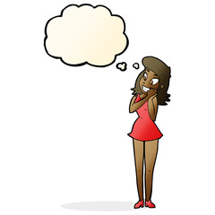 cartoon excited woman with thought bubble