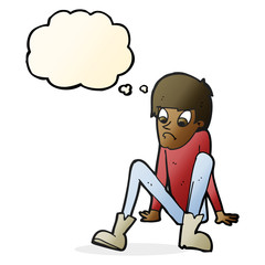 cartoon boy sitting on floor with thought bubble