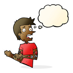 cartoon man with tattoos with thought bubble