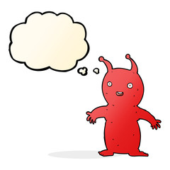 cartoon happy little alien with thought bubble