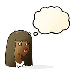 cartoon pretty girl with long hair with thought bubble
