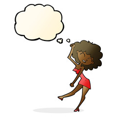 cartoon dancing woman with thought bubble