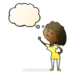 cartoon happy woman about to speak with thought bubble