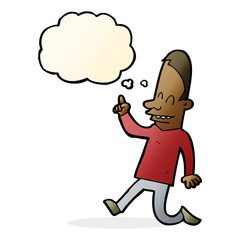 cartoon happy man pointing with thought bubble