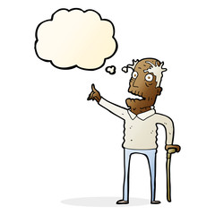cartoon old man with walking stick with thought bubble