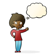 cartoon happy woman with thought bubble