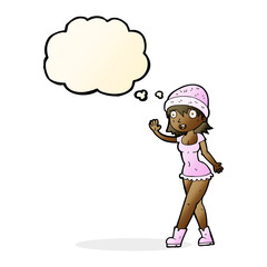cartoon pretty girl in hat waving with thought bubble