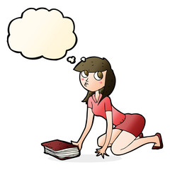 cartoon girl picking up book with thought bubble