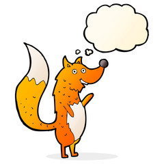 cartoon waving fox with thought bubble