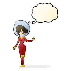 cartoon space woman with thought bubble