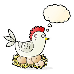 cartoon hen on eggs with thought bubble