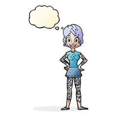 cartoon woman with heavy tattoos with thought bubble
