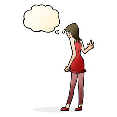 cartoon woman waving with thought bubble