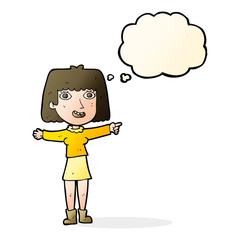 cartoon happy woman pointing with thought bubble