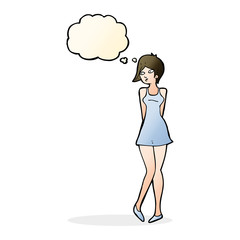 cartoon pretty woman in dress with thought bubble