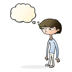 cartoon suspicious boy with thought bubble