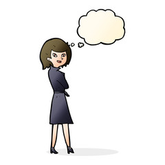 cartoon woman in trench coat with thought bubble