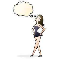 cartoon woman in party dress with thought bubble