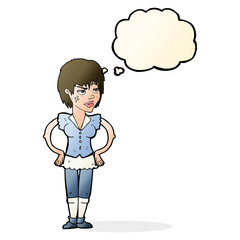 cartoon tough woman with hands on hips with thought bubble