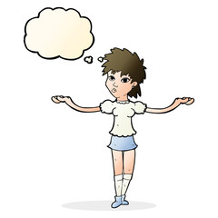 cartoon woman shrugging shoulders with thought bubble