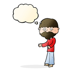 cartoon happy bearded man with thought bubble