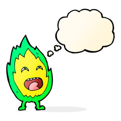 cartoon flame character with thought bubble