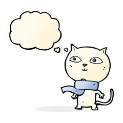 cartoon funny cat wearing scarf with thought bubble