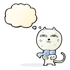 cartoon funny cat wearing scarf with thought bubble