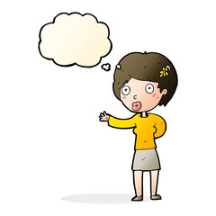 cartoon waving woman with thought bubble