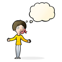 cartoon woman telling lies with thought bubble