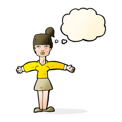 cartoon woman shrugging shoulders with thought bubble