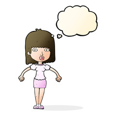 cartoon woman shrugging shoulders with thought bubble