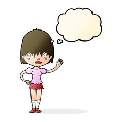 cartoon waving woman with thought bubble