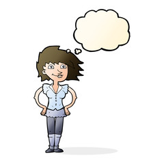 cartoon woman with hands on hips with thought bubble