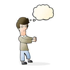 cartoon bored man showing the way with thought bubble