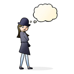 cartoon female spy with thought bubble