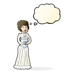 cartoon shocked victorian woman with thought bubble