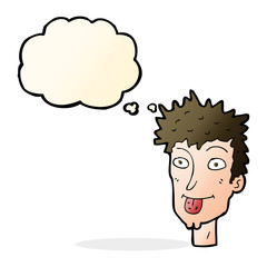 cartoon man sticking out tongue with thought bubble