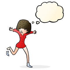 cartoon woman kicking off sock with thought bubble