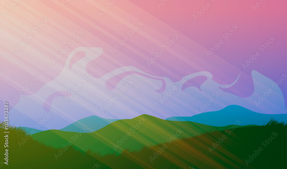 Wall mural Vector illustration. Meadows and mountains at sunset