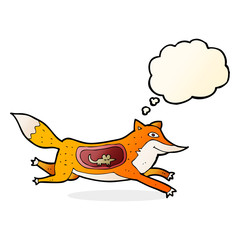 cartoon fox with mouse in belly with thought bubble