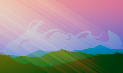 Obraz premium Vector illustration. Meadows and mountains at sunset