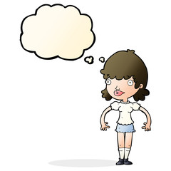 cartoon happy woman with thought bubble