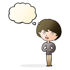 cartoon woman making Who Me? gesture with thought bubble