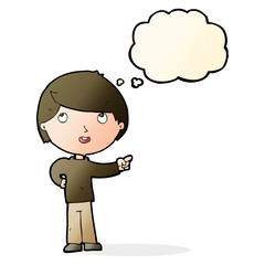 cartoon boy pointing with thought bubble