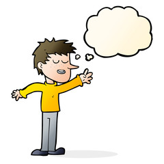 cartoon happy man reaching with thought bubble