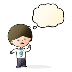 cartoon worried school boy raising hand with thought bubble