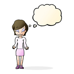 cartoon happy woman shrugging shoulders with thought bubble